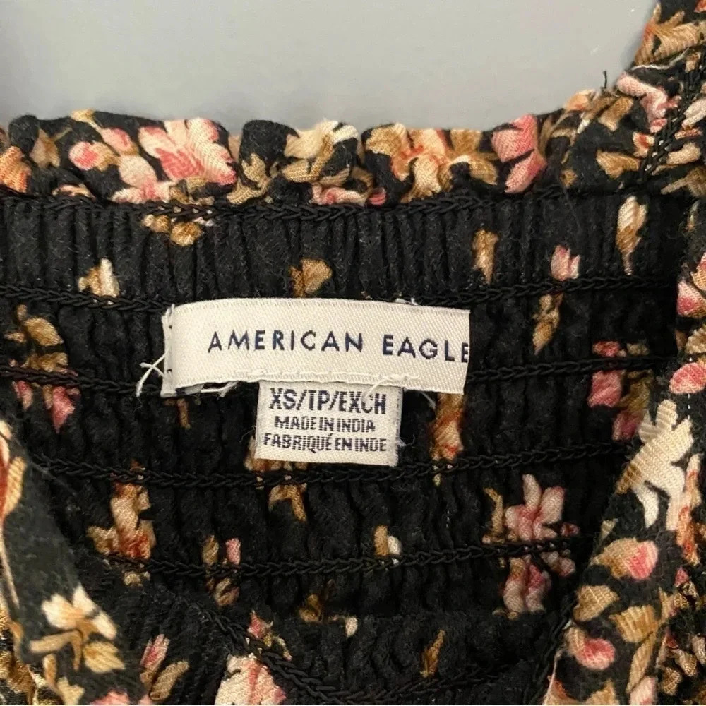 American Eagle XS Square Neck Floral Smocked Romper Black - Picture 6 of 9